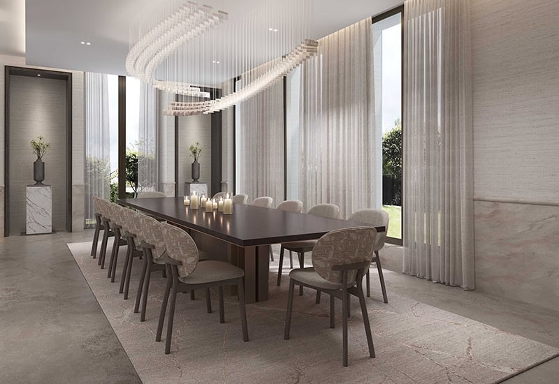 Luxury Dubai mansion entertainment wing with bespoke furniture, layered textures, and modern design