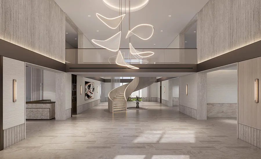 Elegant family villa interior in Dubai with natural materials, soft neutral tones, and custom finishes