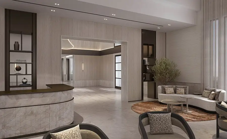 Luxury Dubai mansion entertainment wing with bespoke furniture, layered textures, and modern design