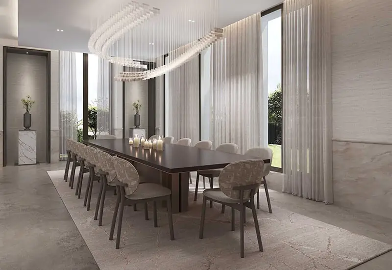 Luxury Dubai mansion entertainment wing with bespoke furniture, layered textures, and modern design