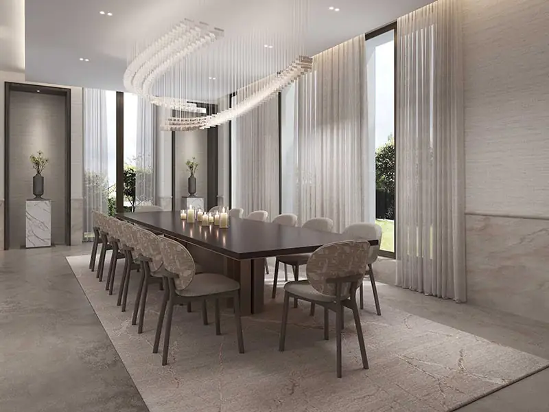 Luxury Dubai mansion entertainment wing with bespoke furniture, layered textures, and modern design