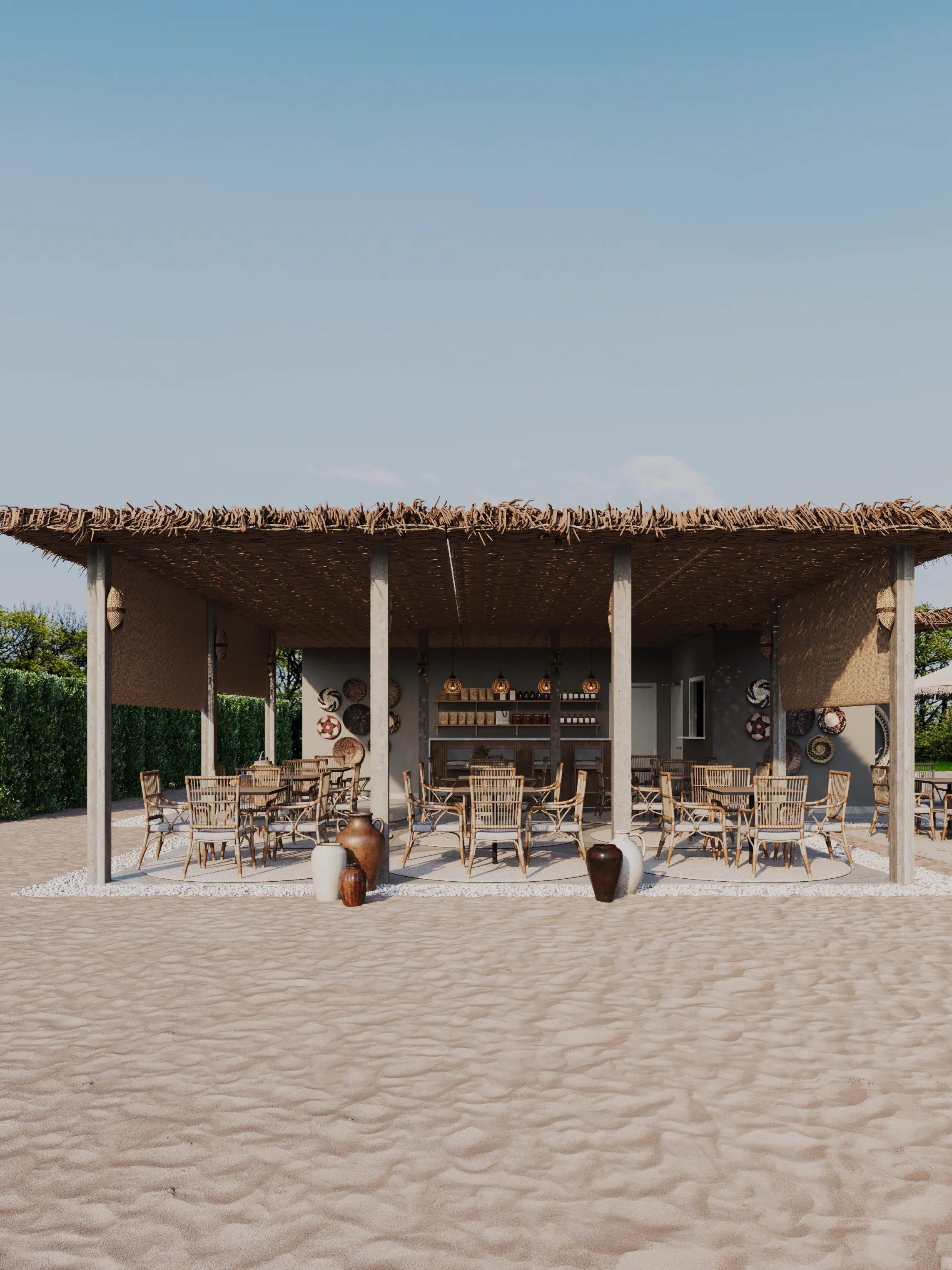 Open-air beach lounge with wooden roof, wicker chairs, and sandy floor in Qatar.